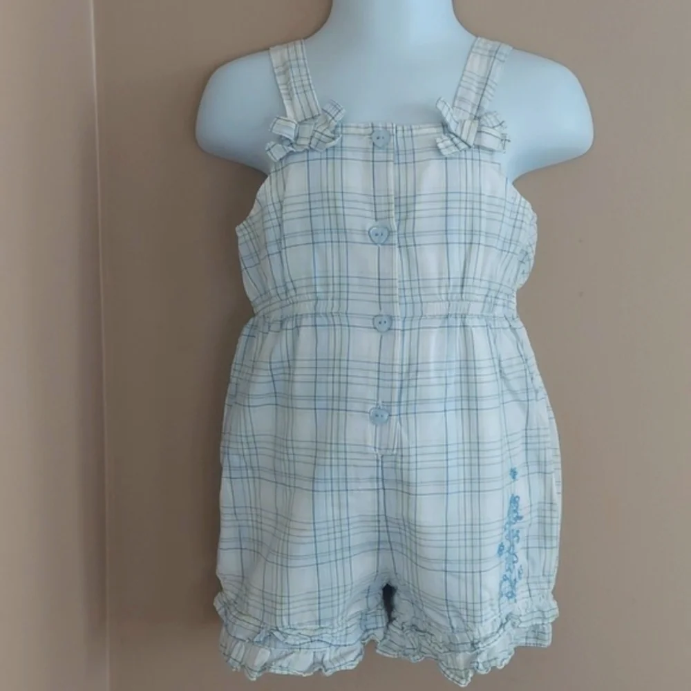 First Impressions Bubble Romper with matching hat - white & blue - sz 12mos